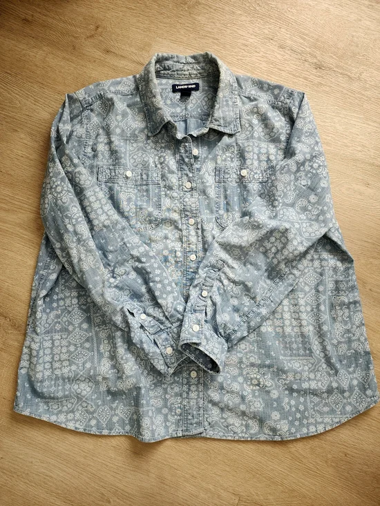 Lands End Denim Shirt L Petite Paisley Bandana Print Oversized Western Boho - Picture 7 of 7
